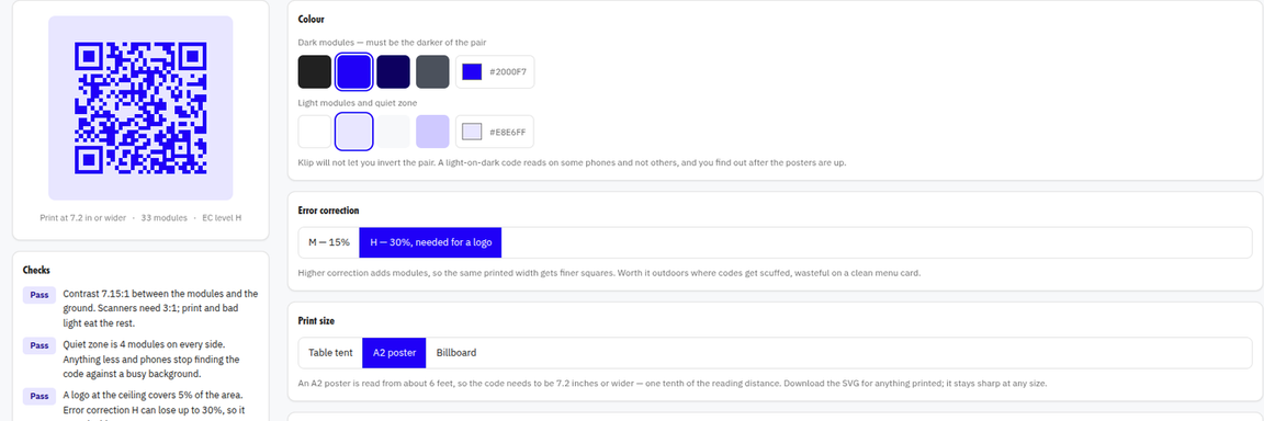 The QR customiser: a rendered code beside contrast, quiet-zone and logo checks, each reported as a measurement
